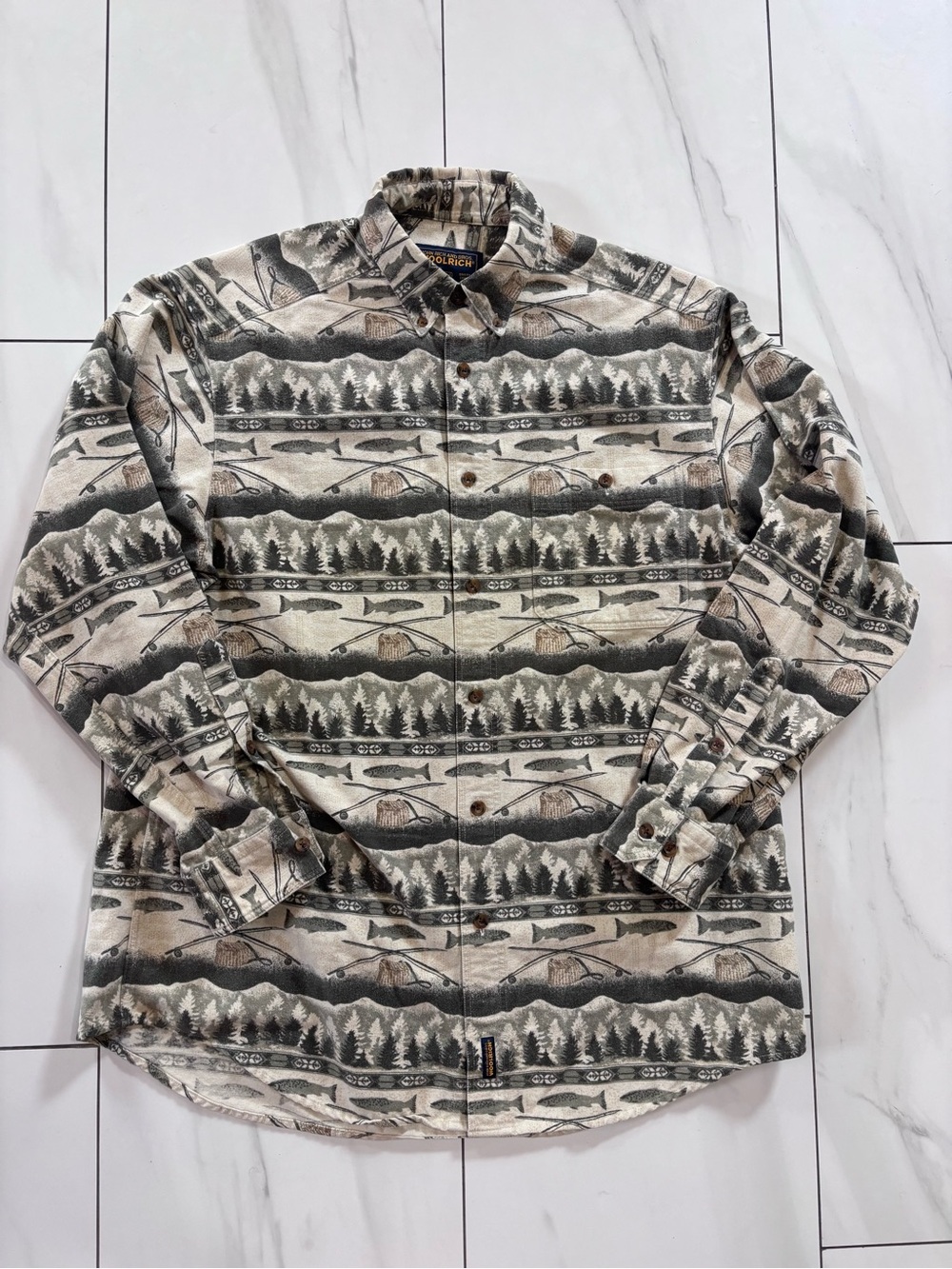 Vintage Woolrich Fishing Trout / Forest Print flannel Button Down Shirt size L
